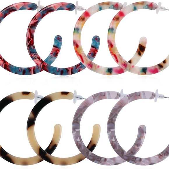 Jewelry - 4 Pairs Acrylic Hoops Earrings for Women, Resin Tortoise Shell Resin Hoop Earrin